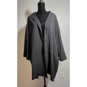 Eileen Fisher EUC Long Black 100% Silk Open Front Jacket Coat Blazer Size M